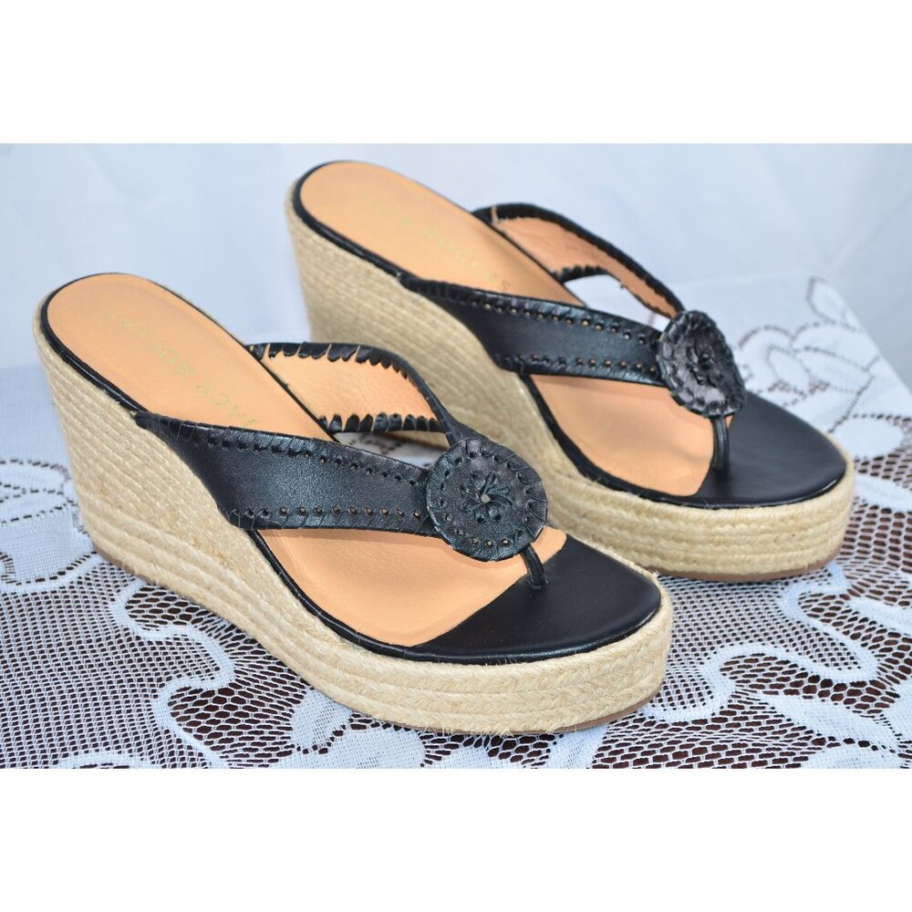 Jack Rogers Rowan Leather Platform Espadrille Wedge Thong Toe Sandals Black 8.5
